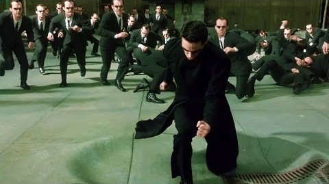 Neo with lots of Agent Smiths